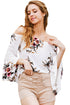 Sexy White Floral Elastic Off Shoulder Bell Sleeve Top